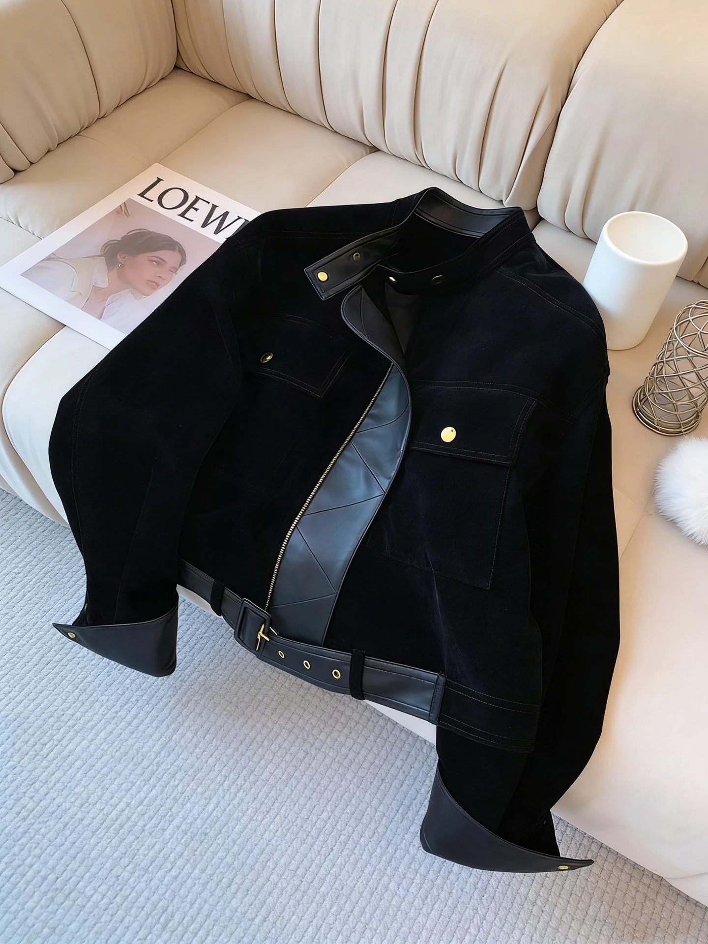 

Bla PU Leather And Velvet Patchwork Stand Collar Jaet Women's Faion Spring 2026 New Sle ular High-End Feeling Coat