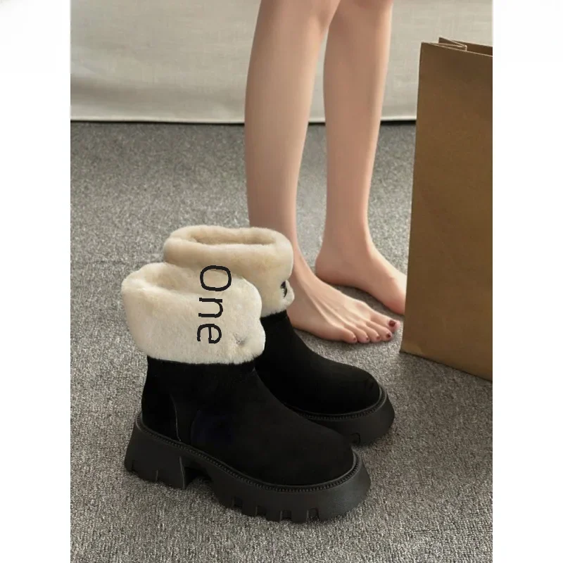 Winter Petite Women's Ankle Boots Thickened Fleece-lined Thickened Vintage Style Non-slip Cotton Shoes