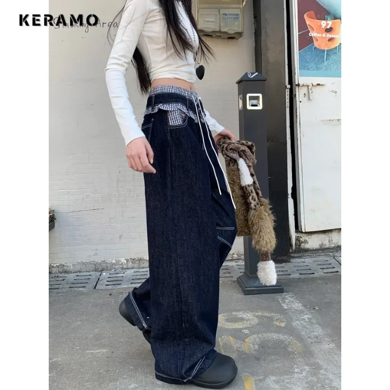 Women Casual Retro Plaid Patchwork Lace-up Denim Trouser Harajuku Loose Jeans 2025 Winter Solid High Waist Y2K 2000s Blue Pants