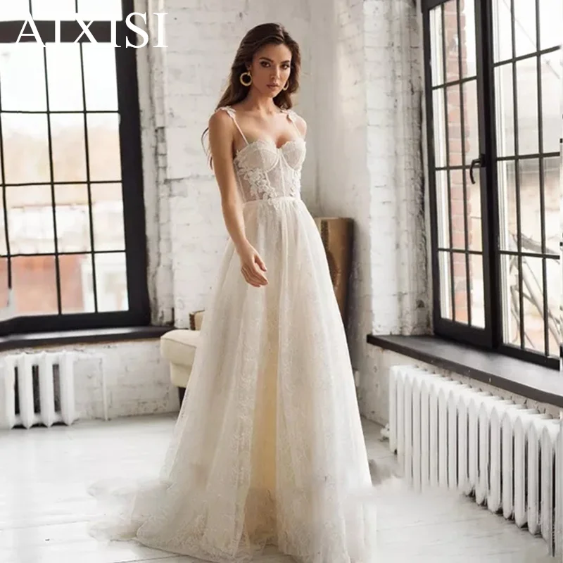 Lovely Wedding Dress Robe de mariée Sleeveless Spaghetti Strap A-Line Simple Bride Vestido Appliques Lace Pearls Pure