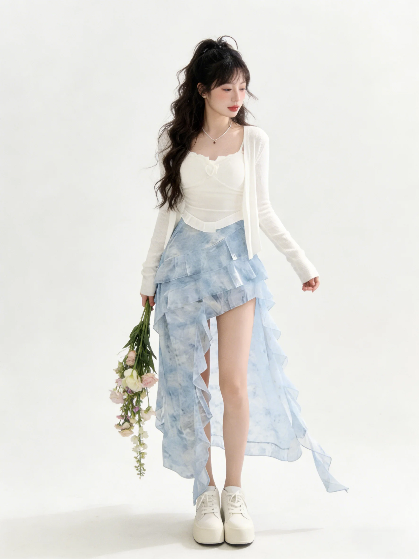 

Korean Style Women's Spring Summer Set Long Sleeve Open Cardigan Layering Tank Top Asymmetrical Skirt Three Piece Set