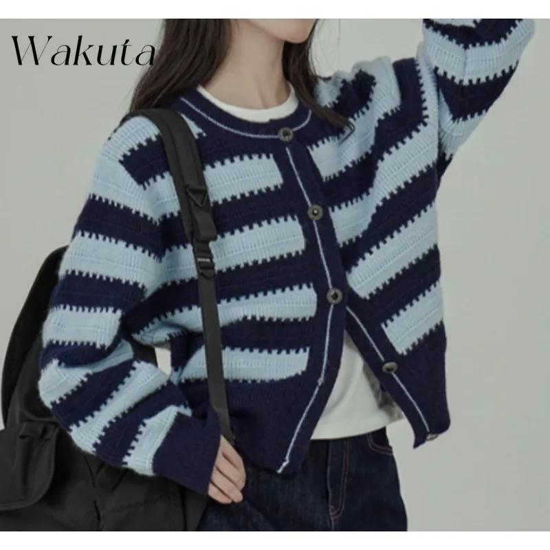 WAKUTA Fashion Classic Round Neck Long Sleeve Black and White Striped Sweaters Retro Loose Japan and South Korea Knit Cardigan