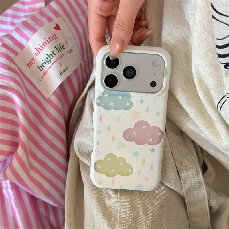 Cute Color Cloud Star Phone Case For iPhone 15 16 17 ProMax Tiny Dot Large Window White Glossy Shockproof Soft Cover coque iphon