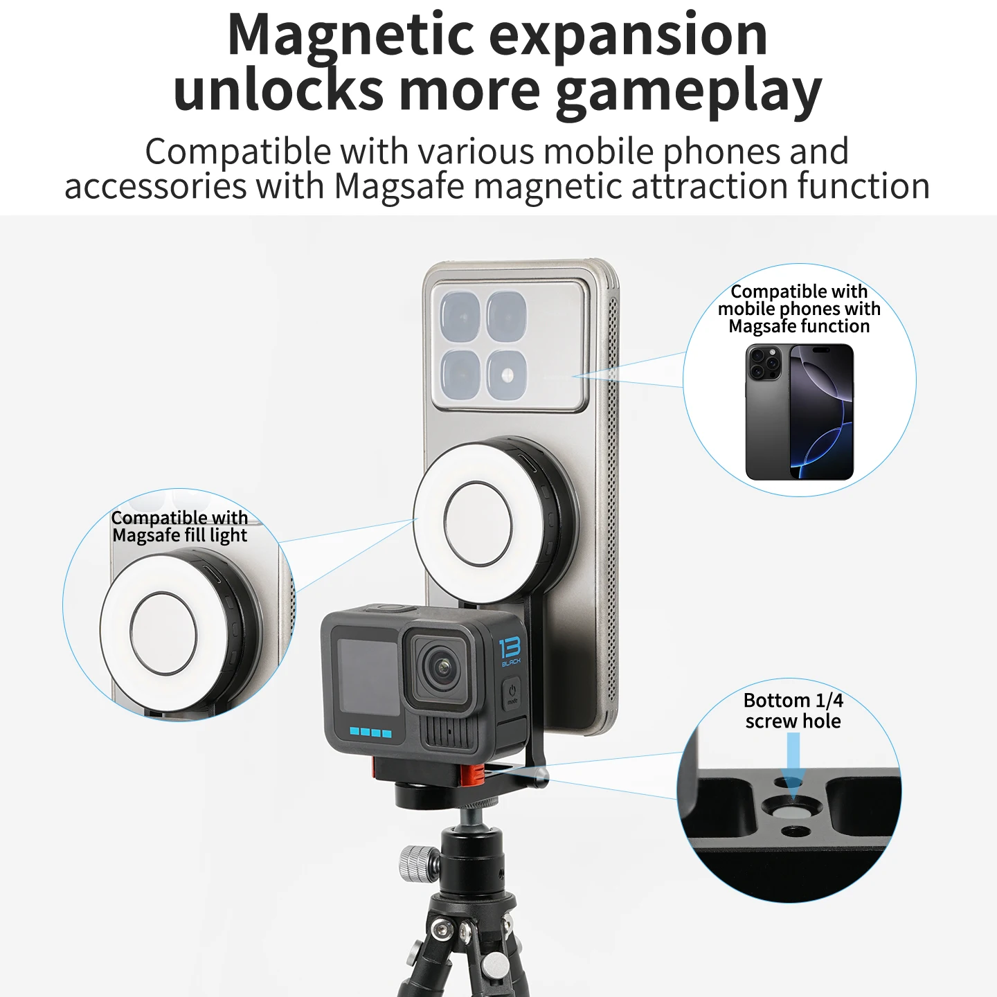 Magnetische Halterung mit Schnellverschluss, 360° Dämpfungs-Kugelkopf, Stativadapter für GoPro, DJI, Insta360, iPhone MagSafe, Lichtstativ – Detail 4