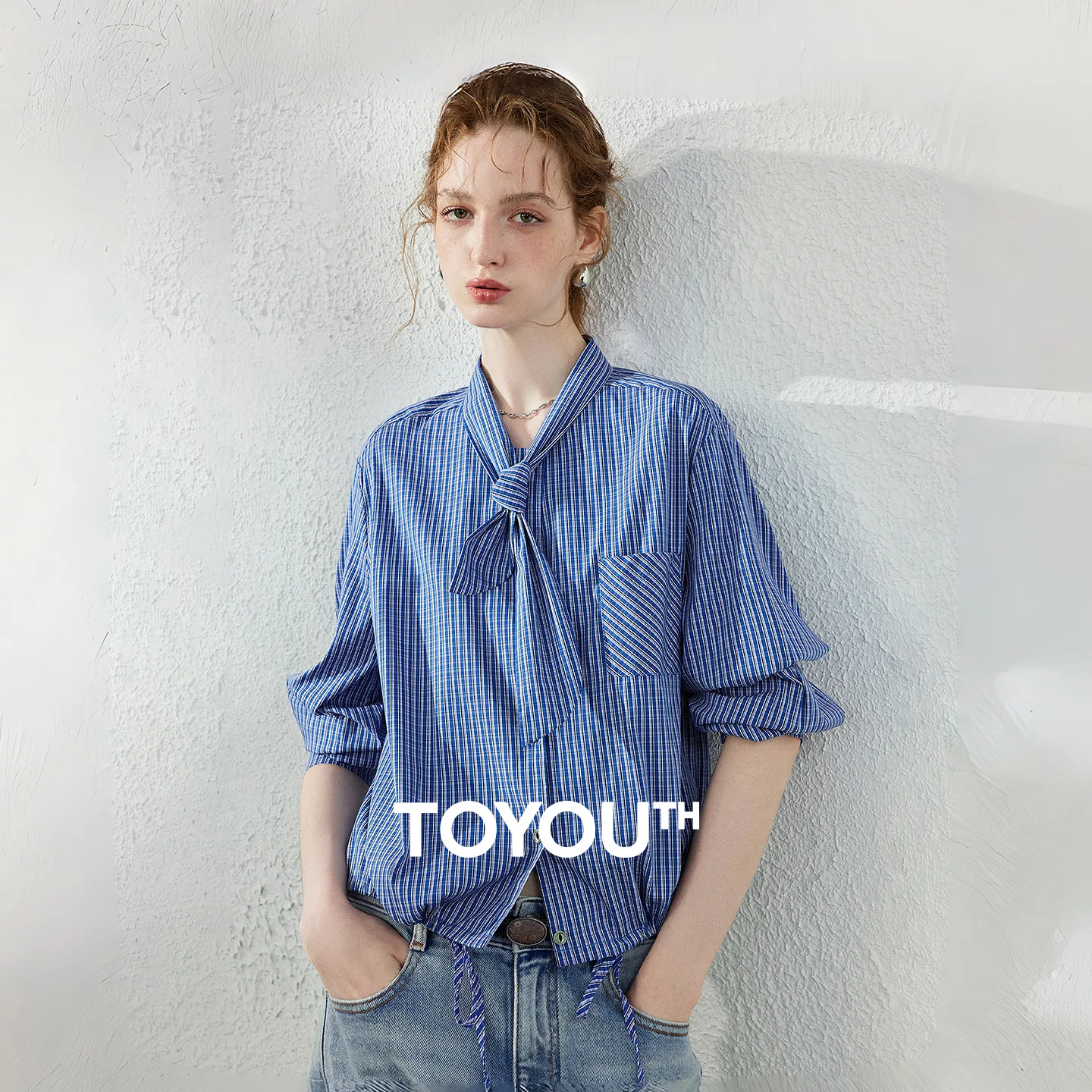 TOYOUTH Women's Royal Blue Plaid Blouse Fall 2026 Loose Tie Neck Intellectual Youthful Long Sleeve Top