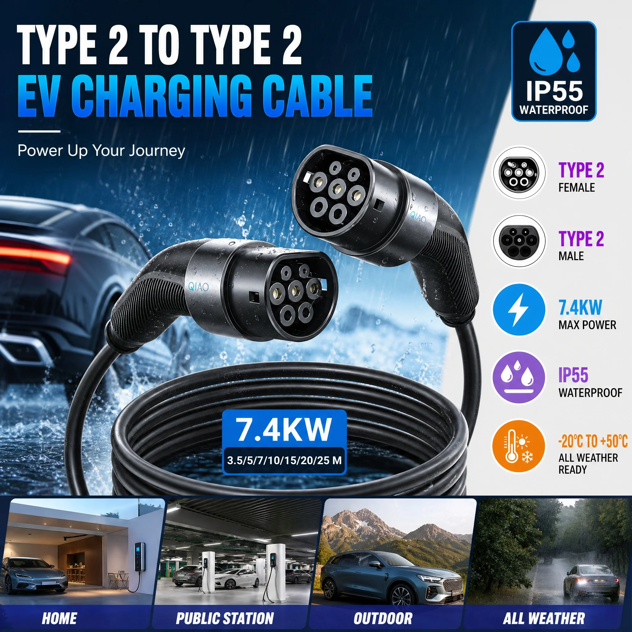QIAO 7.4KW 32A 3.5/5M/10M/15M/20M/25M EV Type2 Extension Cord Charging Type2 Female Plug to Type2 Male Plug For Electric Vehicle