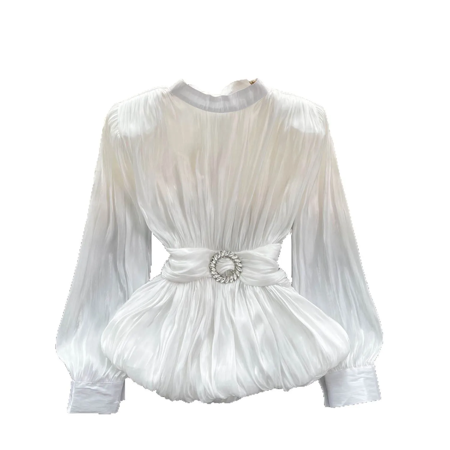 2025 คุณภาพสูงสไตล์ฝรั่งเศสใหม่แฟชั่นผู้หญิงสบายๆอินเทรนด์สีทึบ O-คอยาวโคมไฟแขนเสื้อหญิงเสื้อผ้า Tops