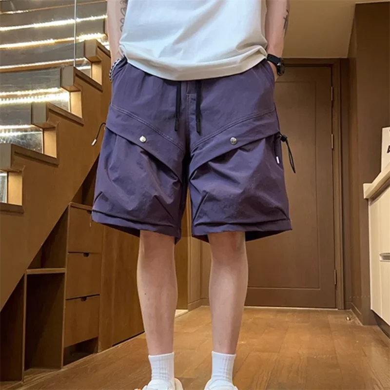 ドローストリング付き無地メンズショートパンツ、ルーズなゴムウエスト、メンズカーゴショーツ、マルチポケット、バギー、ワイド、美しいダメージ加工、Y2K