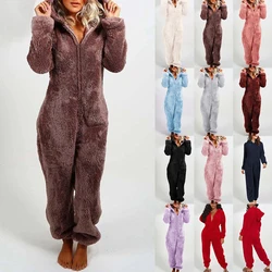 Cross border Women Onesie Pajamas Winter Thick Warm Long-sleeved Hooded Jumpsuit Plush Fleece Cute Cat Ears Rompers Loungewear