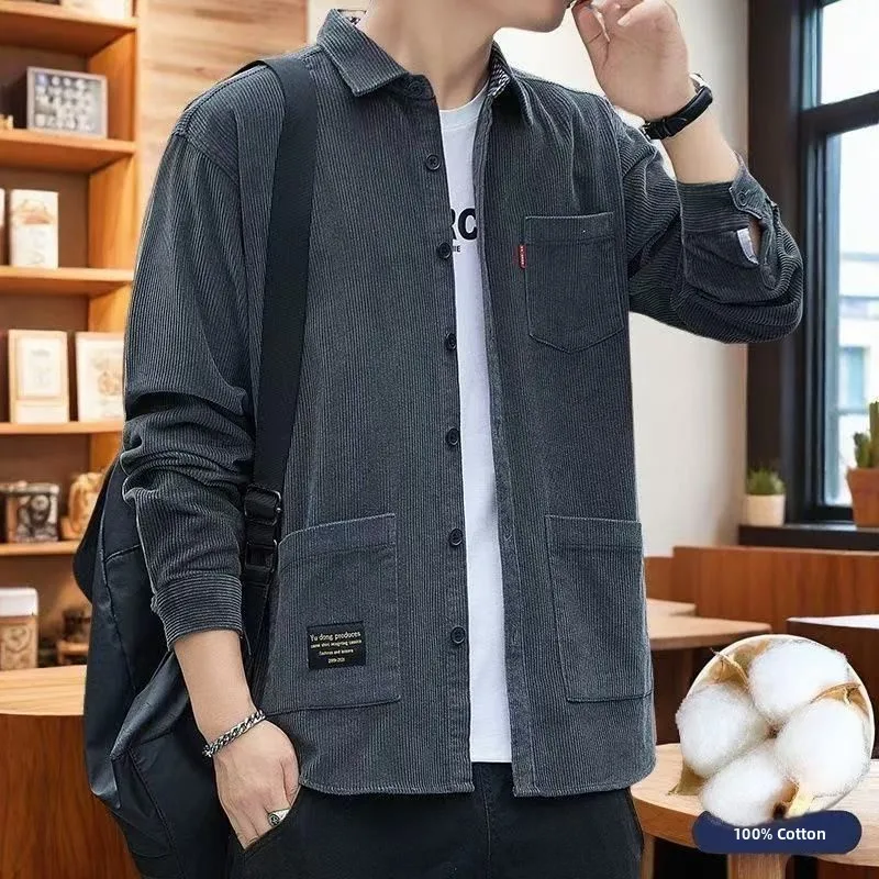 

Autumn Winter Men's Pure Cotton Corduroy Sweatirt Casual Loose Long Sve irt Collar Open Cardigan Workwear Sle