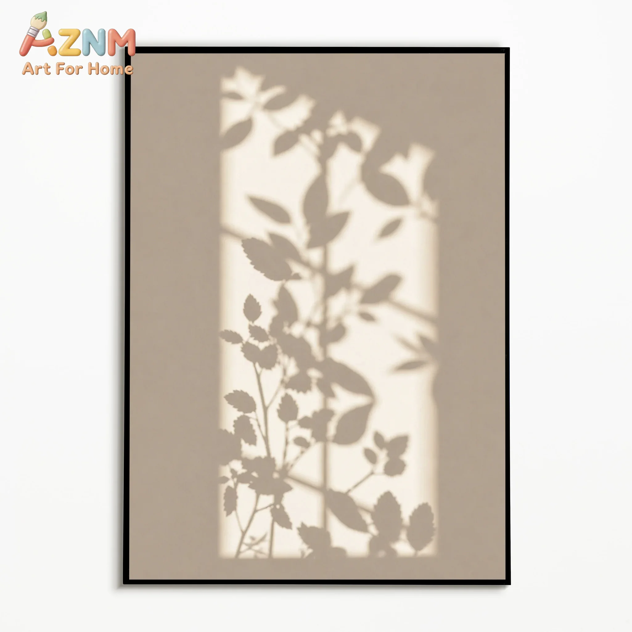 AZNM Neutral Warm Window Plant Shadow Canvas Wall Art Minimalist Boho Botanical Silhouette Sunlight Print Muted Earth Tone Livin