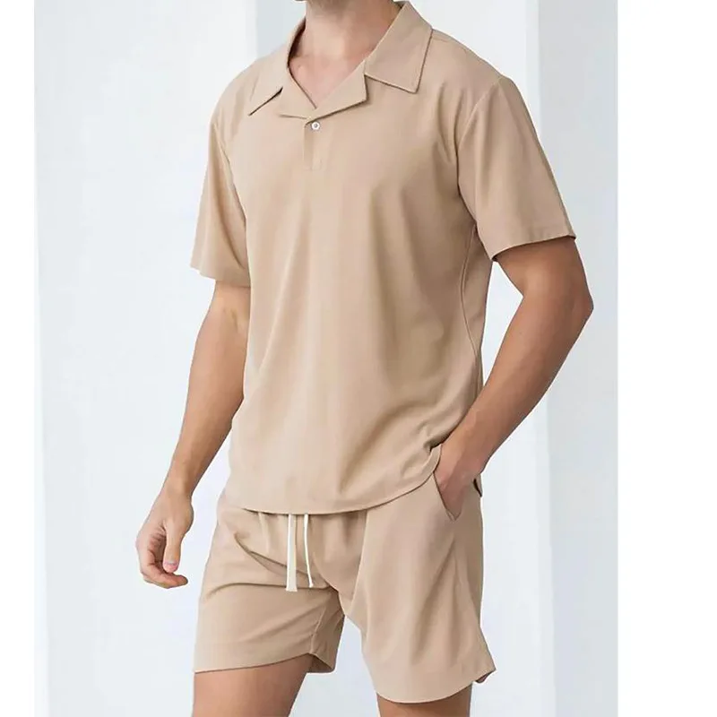 Men's Fashion Short sleeve Set Summer New casual solid color lattice jacquard Top+Shorts high quality 2-piece set Man Home set