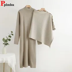 Elegante Slanke Gebreide 2-delige Sets Vrouwen O-hals Lange Mouw Knitwears Trui Jurk Conjuntos Casual Gestreepte Cape Sjaal Sets