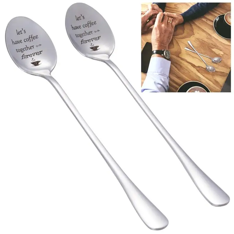 2Pcs Engraved Coffee Couple Spoons Let'S Have Coffee Together Forever Coffee Spoons 304 Stainless Steel Spoons Wedding Gifts