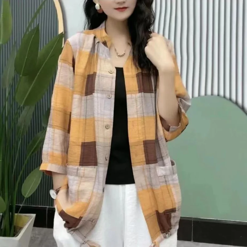 Women Summer New Vintage Fashion Stand Collar Plaid Shirt Leisure Button Pockets Splicing Versatile Long Sleeve Thin Coat