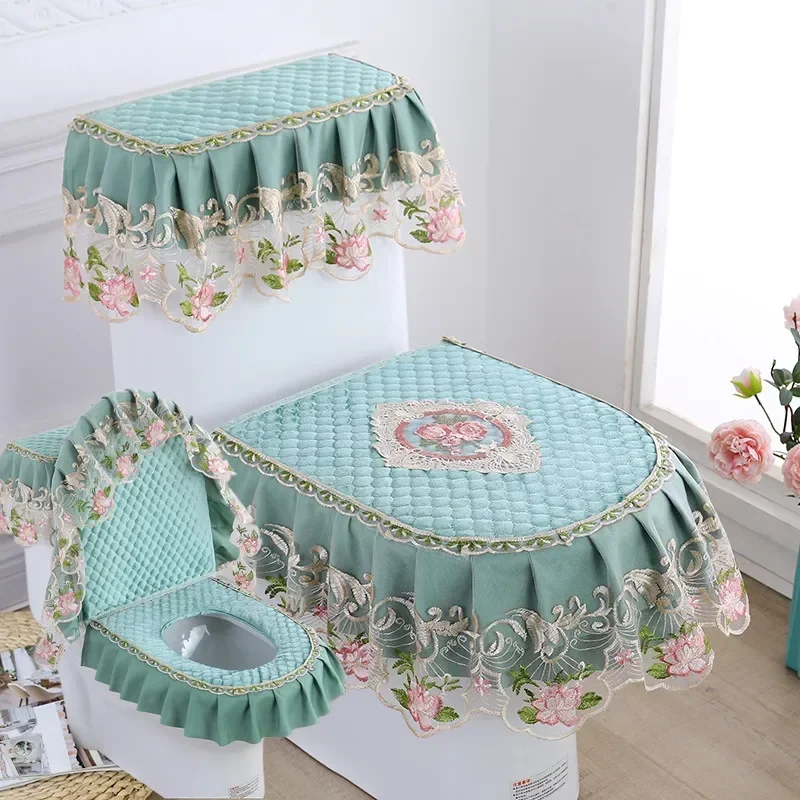 Four Seasons Universal Toilet Cushion Set 3 Piece Set Pastoral Lace U-shaped Thickened Zipper Toilet Cover Seat Ring