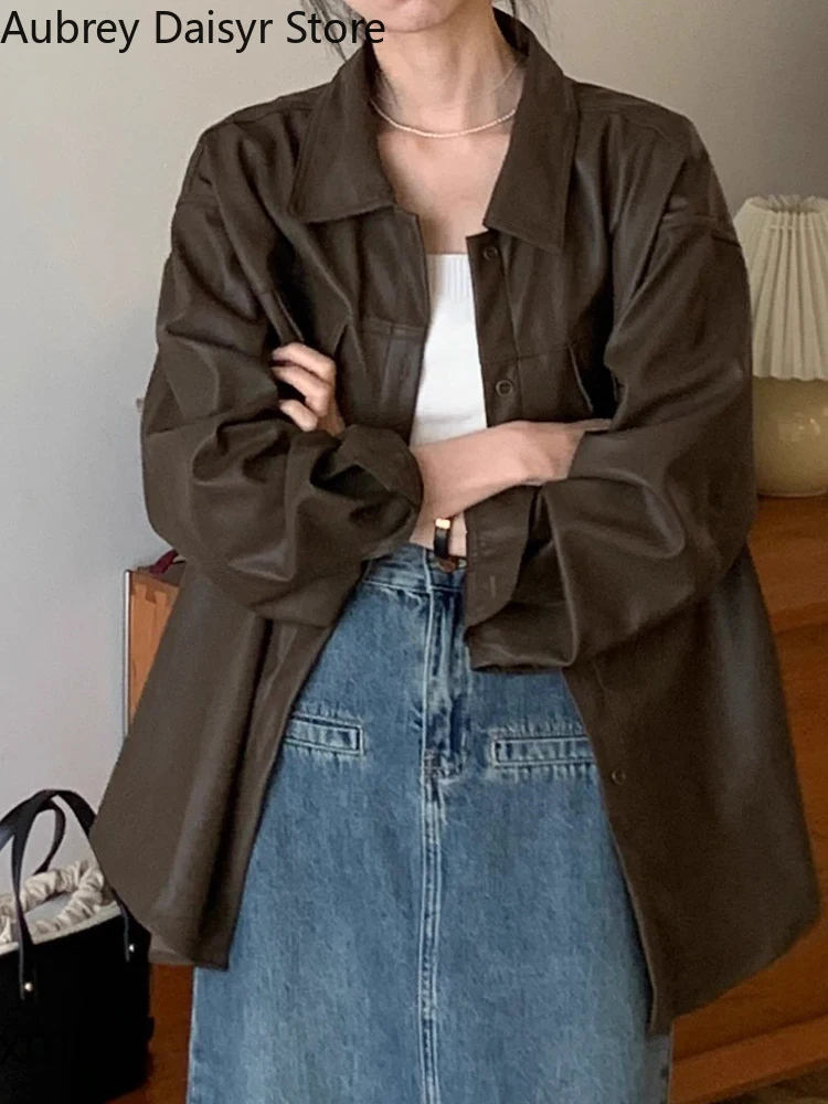 Streetwear Punk Brown Leather Jacket Women Korean Casual Parkas Leather Blazer Summer Thin Moto Biker Faux Leather Jacket New In