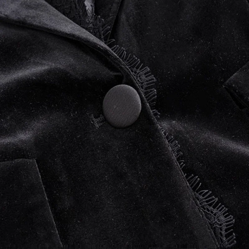 سترة نسائية فاخرة مخملية سوداء مع لمسات ذهبية وحواف من الدانتيل |   ربيع الخريف اقتصاص البدلة أعلى ملابس خارجية w1532