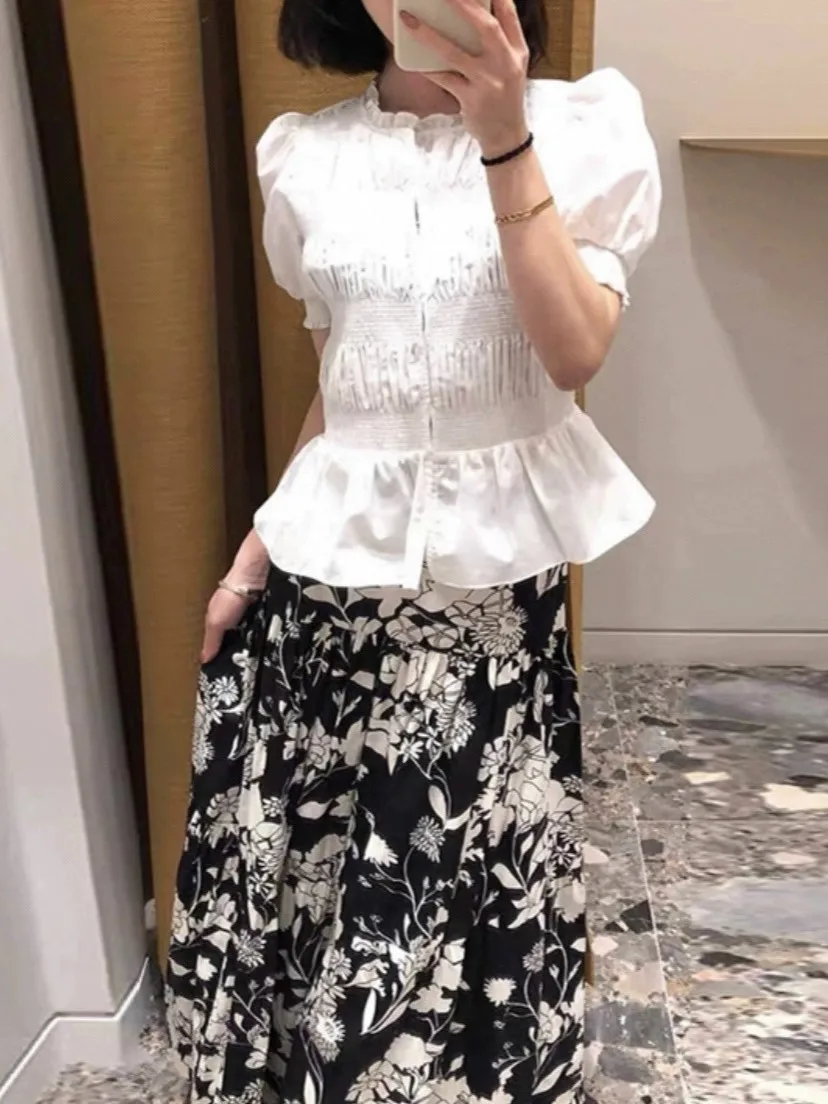 

Женская плиссированная белая блузка с пышными рукавами и воротником с рюшами, однобортная, повседневная, лето 2026, новинка