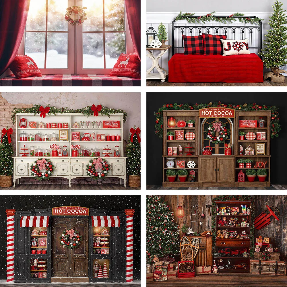 Christmas Photographic Backdrop Solider Doll Shop Cupboard Hot Cocoa Family Festival Background Red Curtain Window Photo Studio