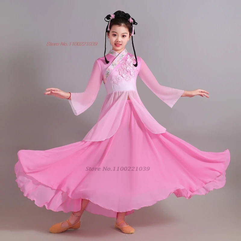 

2026 chinese children dance dress national flower embroidery mesh hanfu tops+skirt set vintage stage performance folk dress