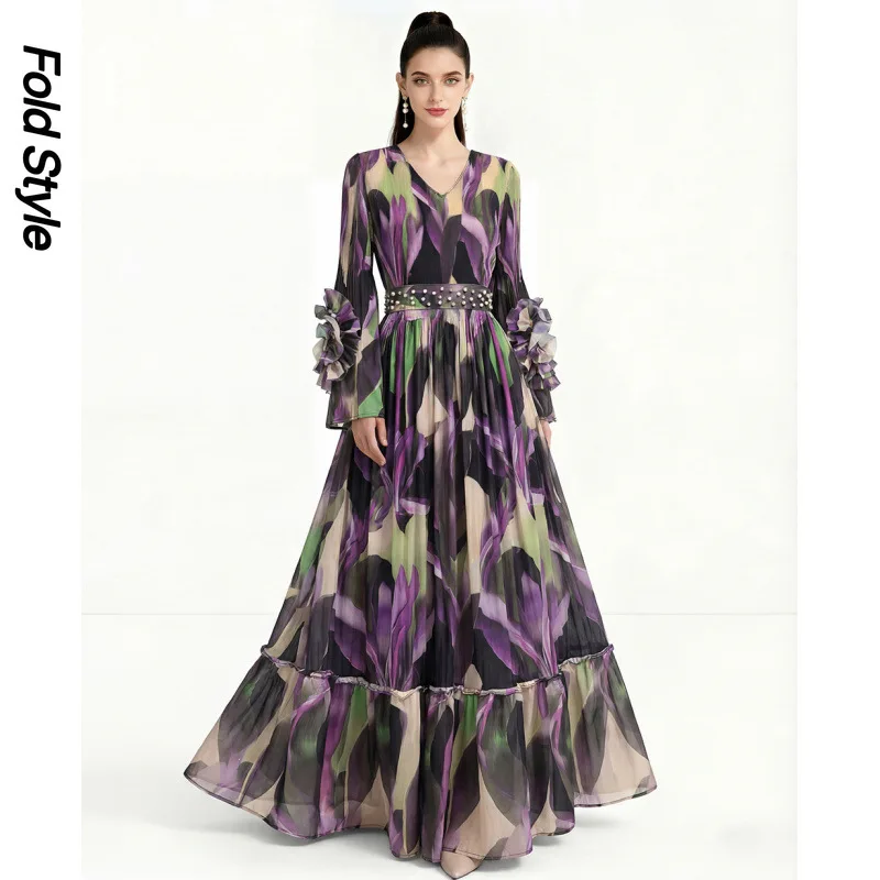 

Плиссированное платье Miyake с принтом, длинным рукавом, объемными цветами, V-образным вырезом, приталенное, в курортном стиле, длинная юбка, элегантное