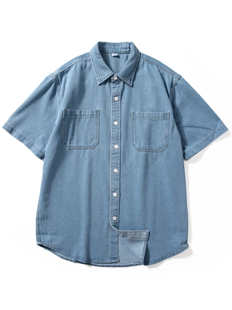 

Loose Fit Men's Denim Shirt Short Sleeve Retro Style Casual Fashion Summer Trend Youth Brand Turn-down Collar Workwear Top