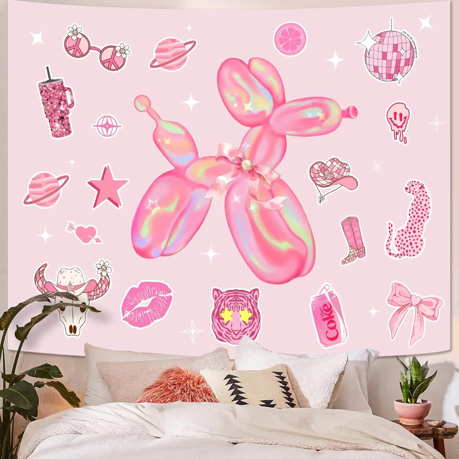 Y2K Pink Aesthetic Tapestry, Holographic Balloon Dog with Trendy Icons Wall Hanging, Perfect For Adding Preppy Vibe To Your Room