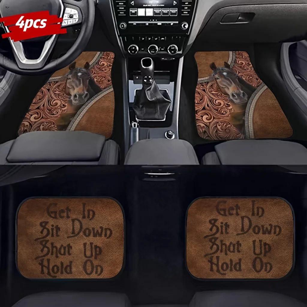 

[Автомобильные коврики с принтом коней] Универсальный комплект автомобильных ковриков с принтом лошади, 4 шт. | Полный охват переднего и заднего салона автомобиля Acce
