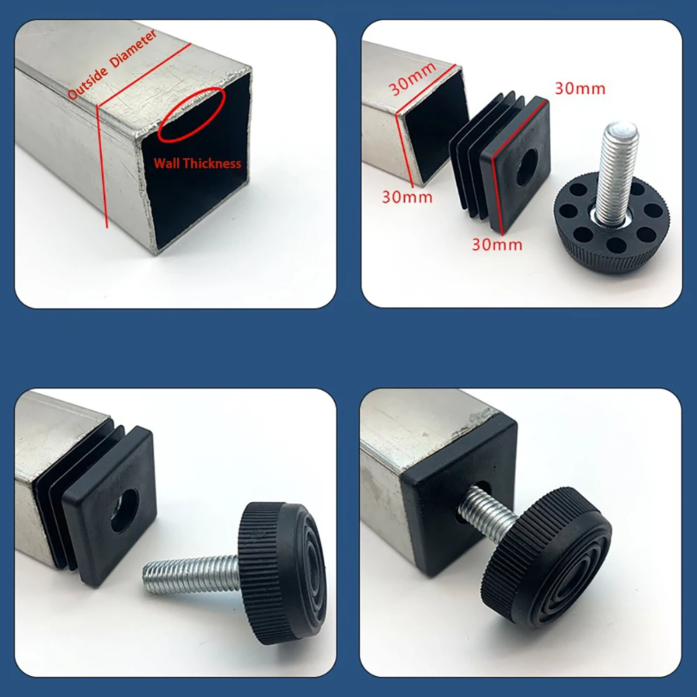 M8 Black Square / Round Plastic Pipe Plugs Adjustable Screw Foot Pad Furniture Leg Cover End Caps 20x20-50x50mm/20-50mm