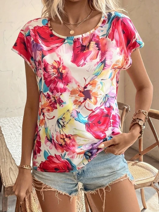 

Women's Vacation Top 2024 Summer Autumn Latest Round Neck Short Sleeve Printed Woven T-Shirt Temperment Loose Versatile Blouses