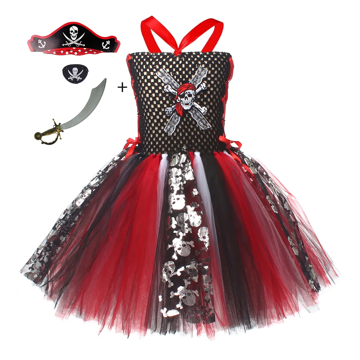 Girls Cartoon Pirate Dress Up Mesh Tutu Dress With Photo Props Halloween Carnival Party Masquerade Ball Stage Performance Outfit