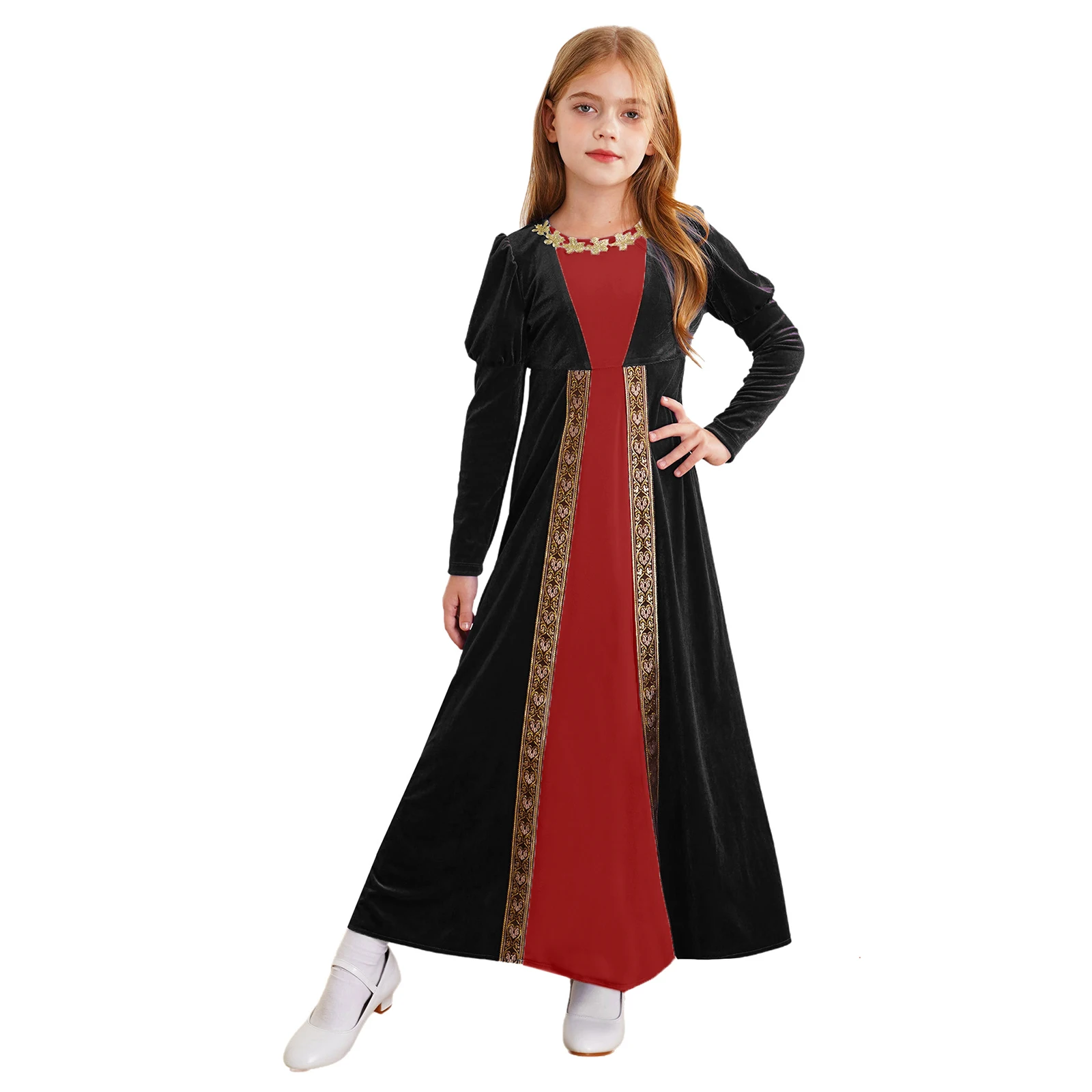 Costume de la Renaissance médiévale pour enfants, robe en velours à manches longues, plis rétro, jeu de prairie, robe romaine, olympiques de Noël pour filles