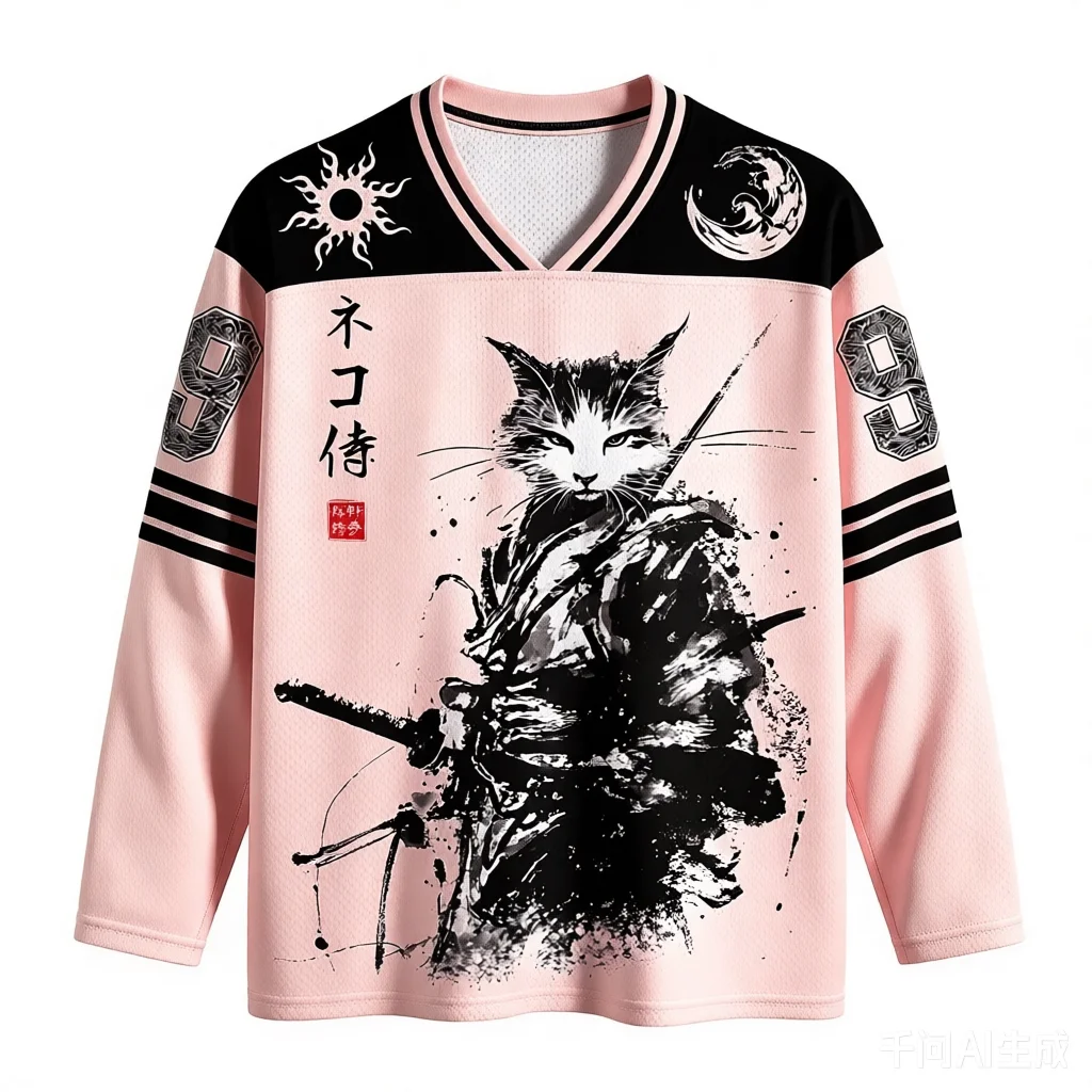 Japanese Samurai Cat 3D Print V‑Neck Tee, Breathable Quick‑Dry Streetwear Casual Parent‑Child Matching Unisex Long Sleeve TShirt