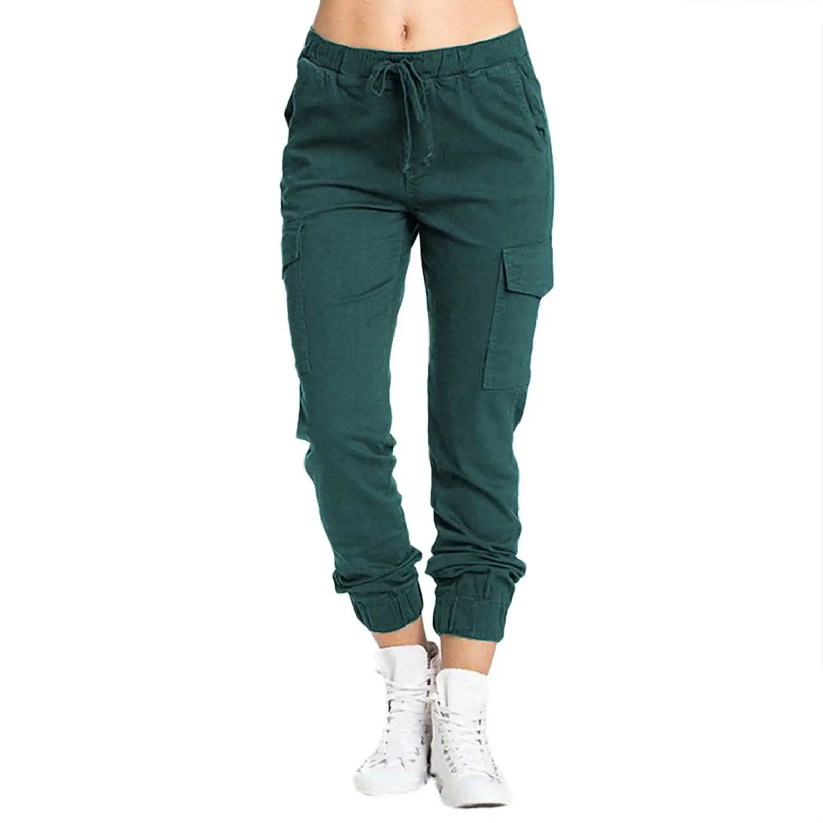 

Women's casual versatile multi pocket workwear with elastic waist tied sports pants