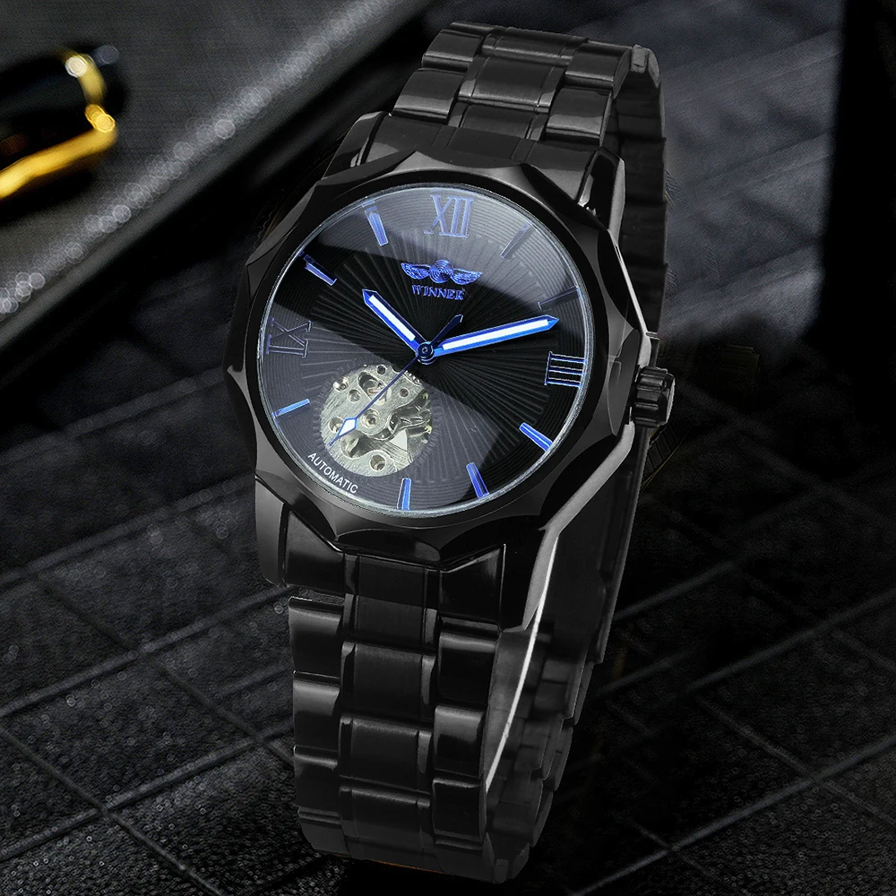 Winner Classic Skeleton Mens Mechanical Watches Blue Luminous Pointers Top Brand Luxury Automatic Watch Leather Steel Band Clock