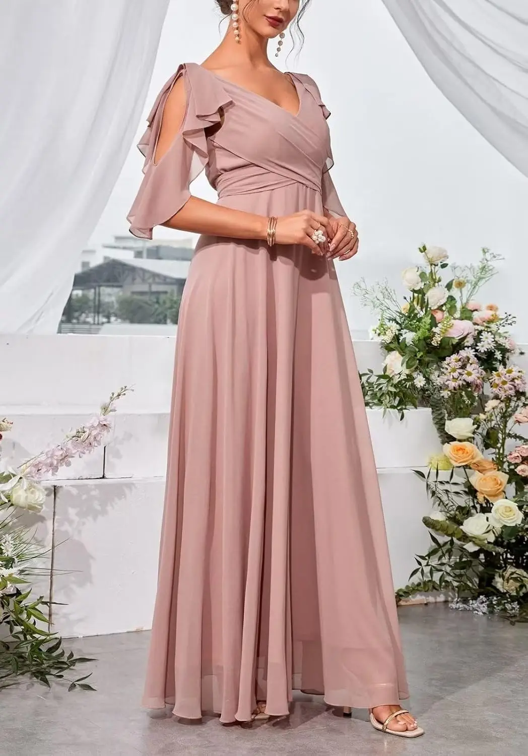 ชุดเพื่อนเจ้าสาวสำหรับผู้หญิง ชุดราตรีคอวีผ้าชีฟองเปิดไหล่ยาว ชุดออกงานกลางคืน ชุดเดรสผู้หญิงหรูหรา