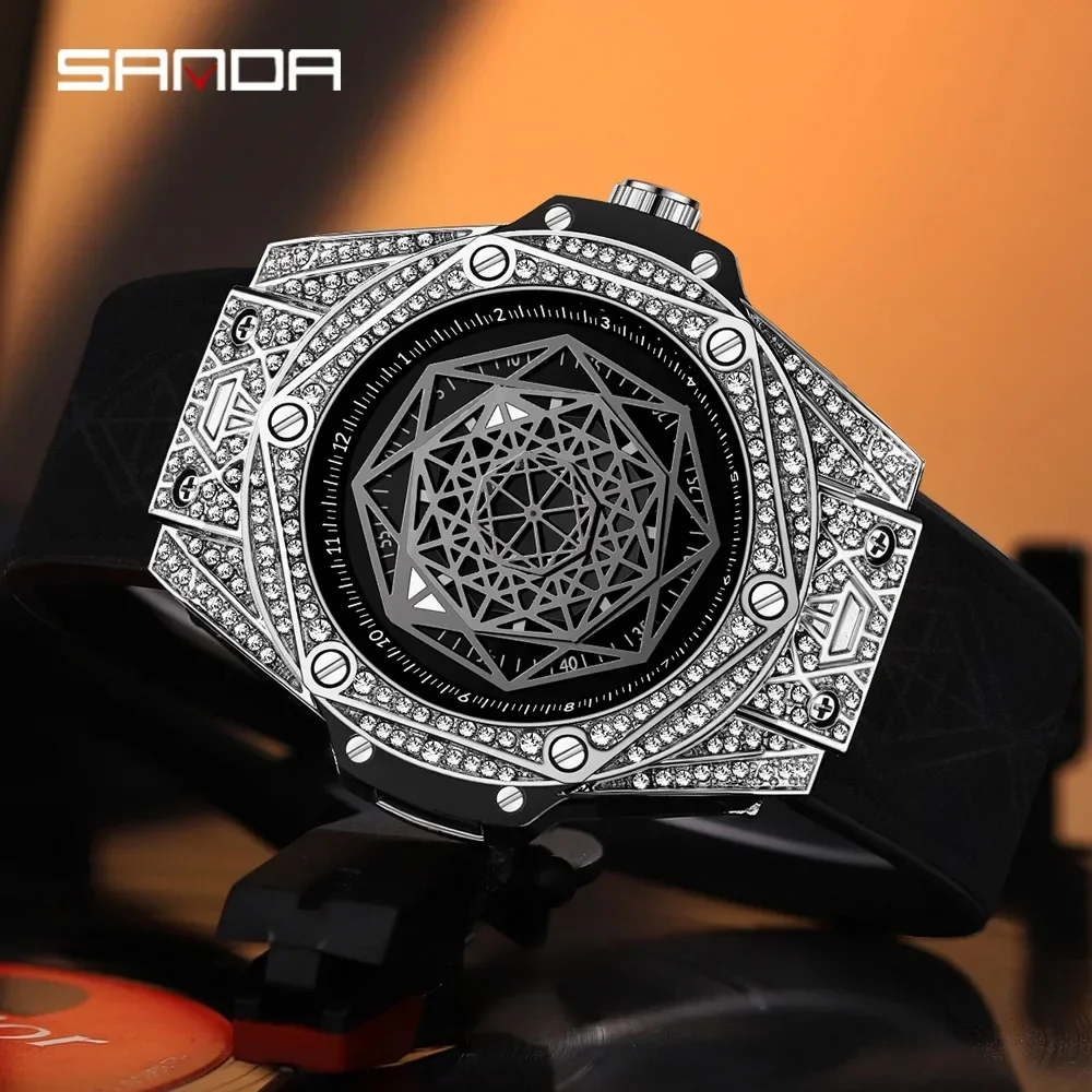 

Sanda Cool Fashion Men's Watch New 7033 Men's Diamond Inlaid Geometric Dial Glow Waterproof Men's Creative Quartz Watch 2023