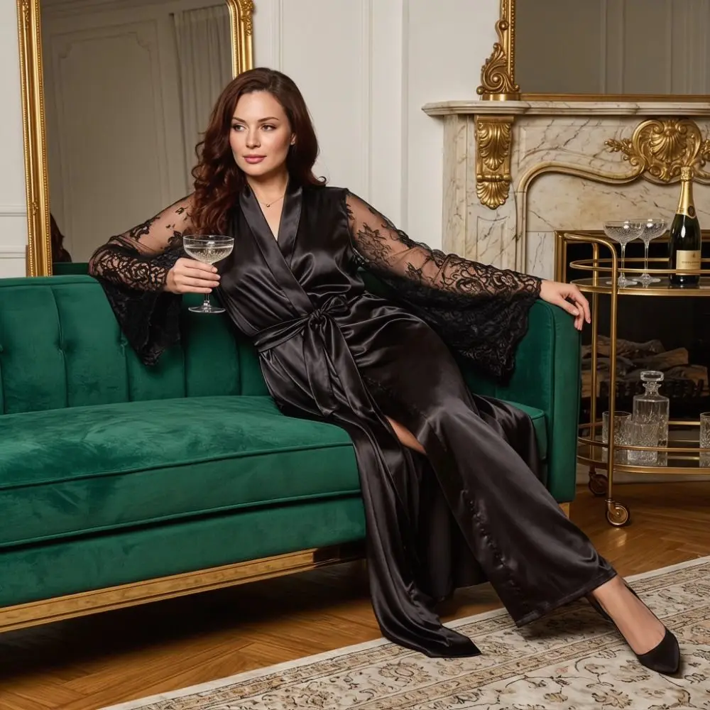 Langärmliger Satin-Nachthemd Übergröße V-Ausschnitt Seiden-Satin Nachthemd Schlafbekleidung Komfortabler Spitzen-Bademantel Schlafkleid – Detail 5