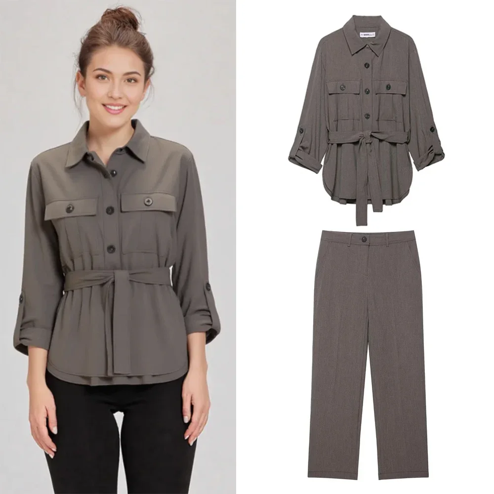 

Solid Straight Leg Pants Sets For Women 2 Piece With Belt Shirt Top Set Casual Women Outfit Streetwear Women Two Piece Pant Set