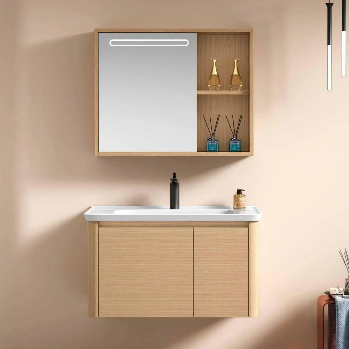 ￥#Modern Smart LED Mirror Fog Removal Water Resistant Bathroom Cabinet Ceramic Basin PVC Construction Bedroom Workshop Hotel