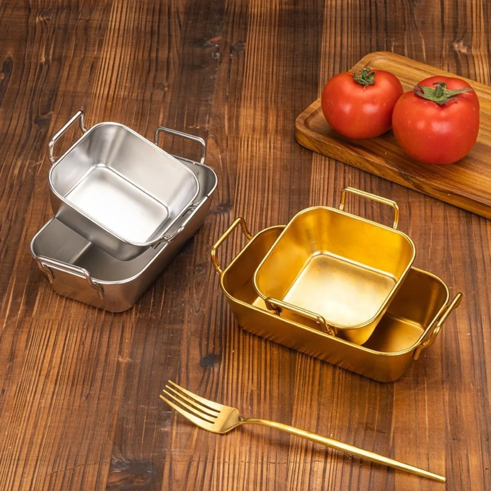Creative With Handle Korean Stainless Steel Plate Square Durable Fried Food Trays Silver and Gold Snack Plate Kitchen