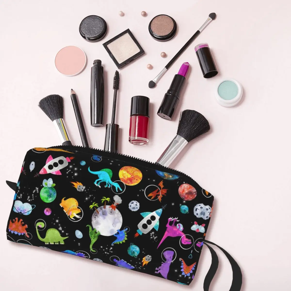 Dinosaur Astronauts In Outer Space Makeup Bag Cosmetic Storage Dopp Kit Toiletry Cosmetic Bag Women Beauty Travel Pencil Case