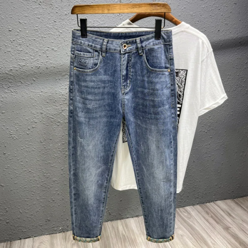 2024new elastic printing denim (ankle-length pants) men's thin Breathable High-end trendy all-match casual slim-fit pants