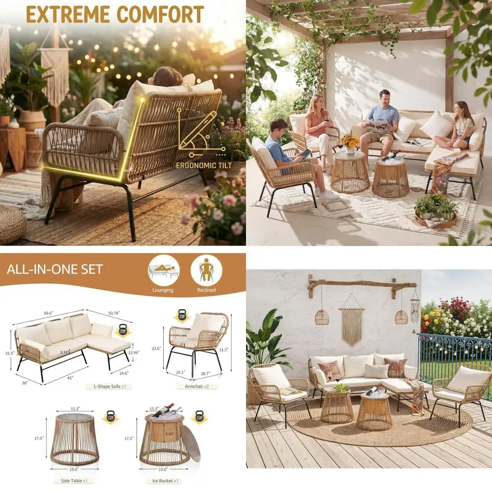 

Комплект уличной мебели в стиле бохо-шик с L-образным диваном с высокой спинкой и столом-холодильником, грузоподъемность 500 фунтов, бежевый цвет