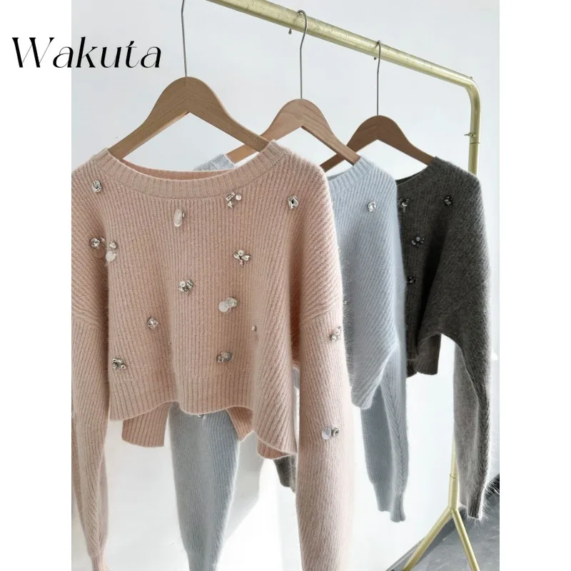 WAKUTA Japanese Elegant and Sweet Round Neck Long Sleeved Solid Knitted Sweater Kawaii Back Slit Nail Bead Decorative Pullover