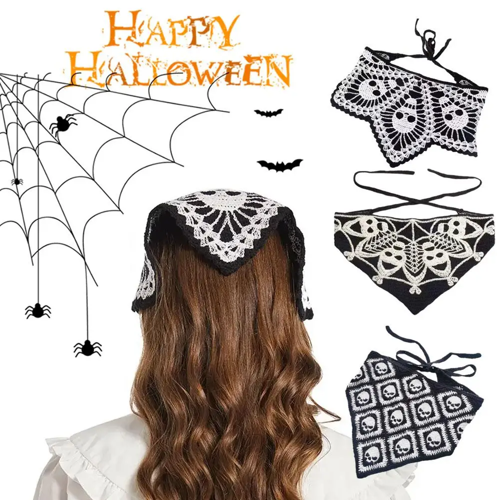 Gothic Harajuku Hip hop Kpop Black Headband Spider Square Goth Accessories Tombstone Scarf Web Punk Bandana Skull Hair Y3W7