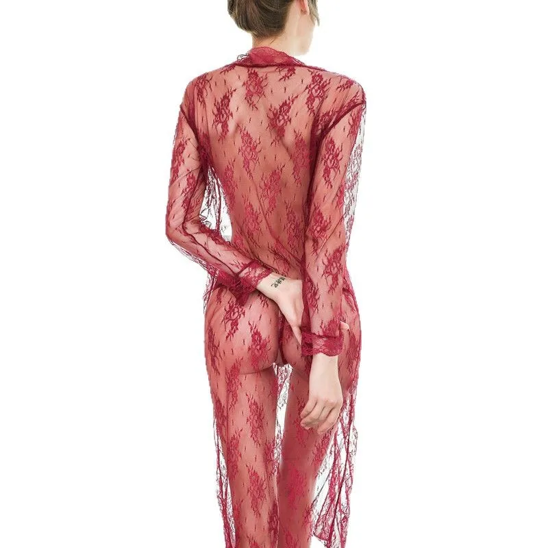 

Сексуальный длинный кардиган, бандажное платье с длинными рукавами, женская одежда для сна, кружевное эротическое прозрачное платье, летняя женская одежда