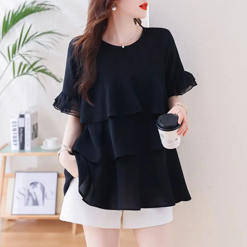 Casual Loose Ruffles Blouse Summer Short Sleeve All-match Solid Color Women\'s Clothing Commute Round Neck Fashion Spliced Shirt