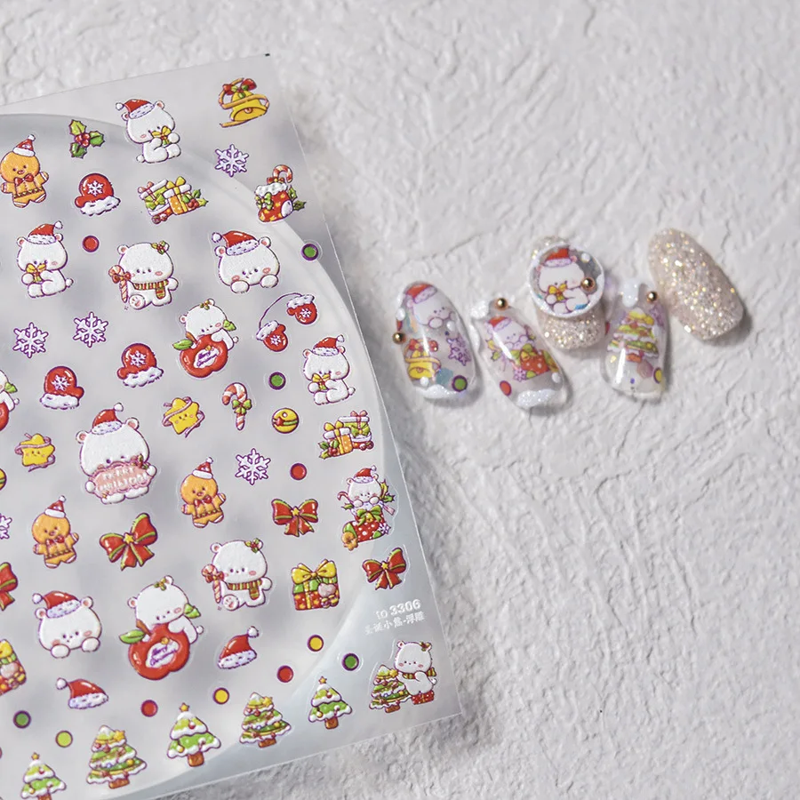 Nail Art Stickers Embossed Christmas Bear Japanese Cute Self Adhesive Film Decals Colorful Lightweight DIY Manicure for Kids